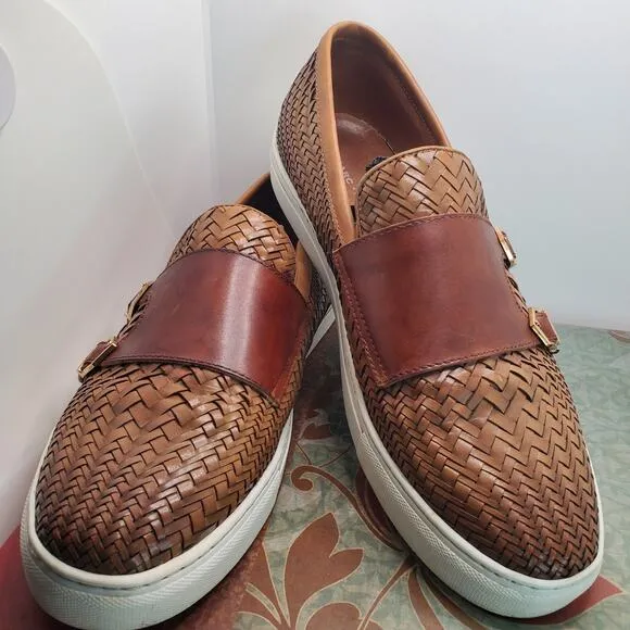 Marc Nolan Kyler Cognac Woven Leather Belgian Loafers Size 13 Shoes Dble Buckle