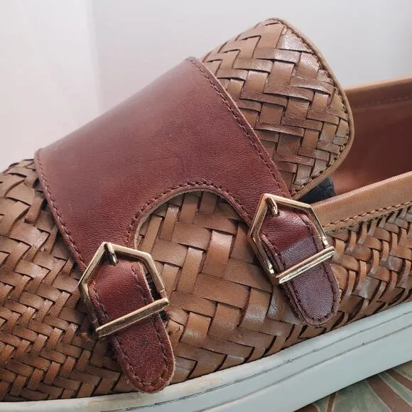 Marc Nolan Kyler Cognac Woven Leather Belgian Loafers Size 13 Shoes Dble Buckle