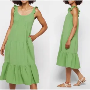 Marine Layer Jude Flutter Sleeve Dress Women XS Green Gauze Midi 100% Cotton NWT
