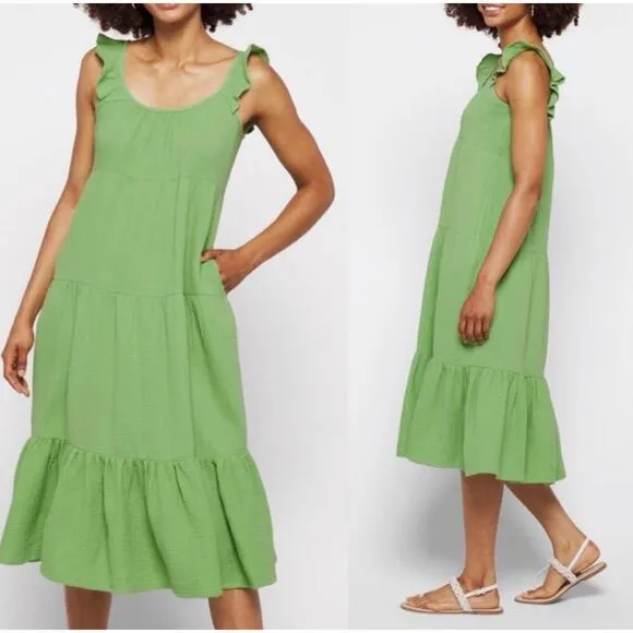 Marine Layer Jude Flutter Sleeve Dress Women XS Green Gauze Midi 100% Cotton NWT