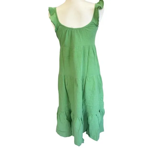 Marine Layer Jude Flutter Sleeve Dress Women XS Green Gauze Midi 100% Cotton NWT