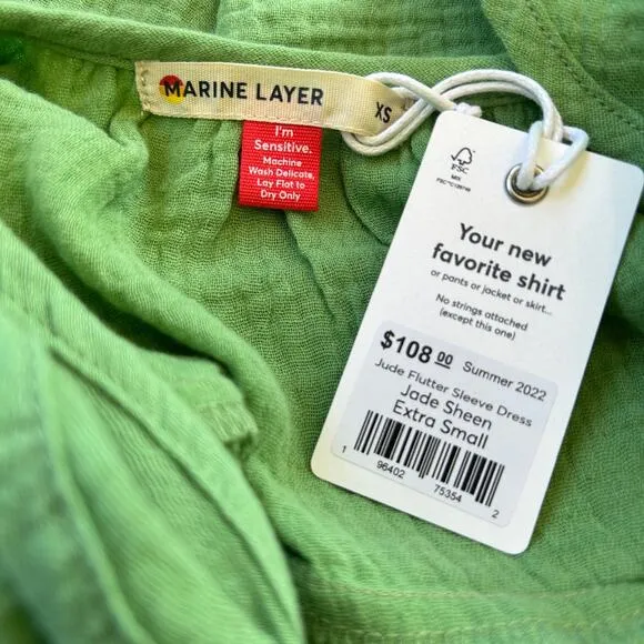 Marine Layer Jude Flutter Sleeve Dress Women XS Green Gauze Midi 100% Cotton NWT