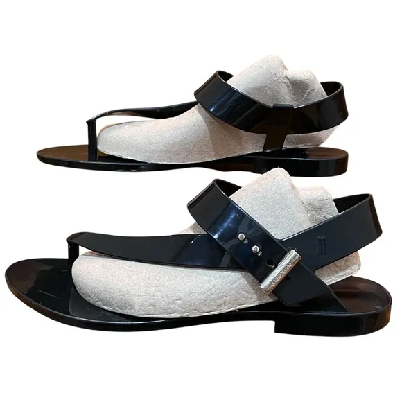Melissa Jason Wu Black Flip Flips Sandals Rubber Jelly Charlotte Asymmetrical