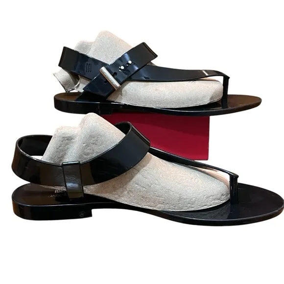Melissa Jason Wu Black Flip Flips Sandals Rubber Jelly Charlotte Asymmetrical
