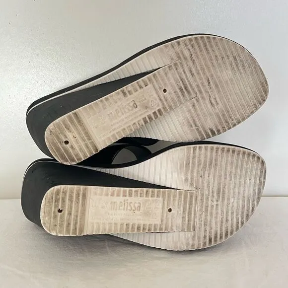 Melissa Summer Wedge Thong Sandals Women 7 High Platform Foam Jelly Black White