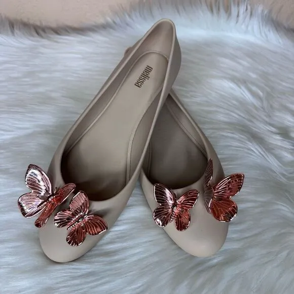 Melissa Women's Doll Rose Gold Butterfly Ballet Flats Nude Size 8