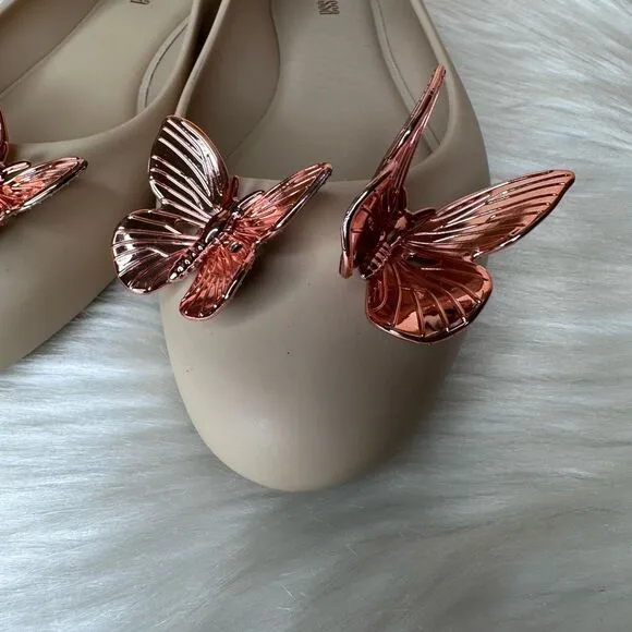 Melissa Women's Doll Rose Gold Butterfly Ballet Flats Nude Size 8