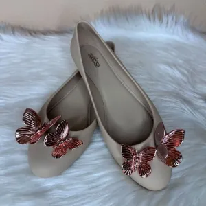 Melissa Women's Doll Rose Gold Butterfly Ballet Flats Nude Size 8