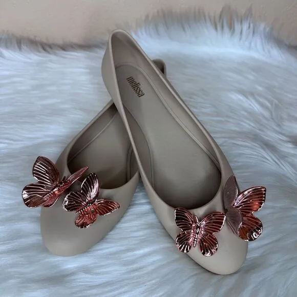 Melissa Women's Doll Rose Gold Butterfly Ballet Flats Nude Size 8