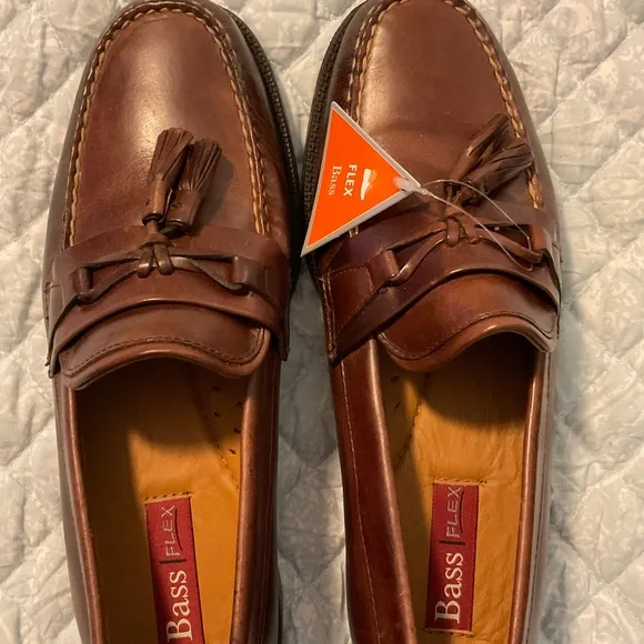Men’s Bass Flex Tassel Leather Loafers, Brown, Size 9.5 M