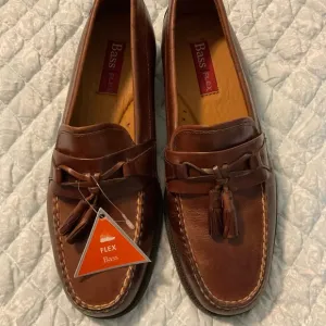 Men’s Bass Flex Tassel Leather Loafers, Brown, Size 9.5 M