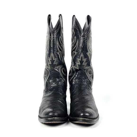 Mens DAN POST Cowboy Boots Sz 8D Black Lizard Leather Pointed Western 218056