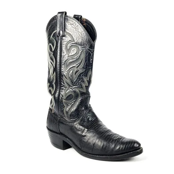 Mens DAN POST Cowboy Boots Sz 8D Black Lizard Leather Pointed Western 218056