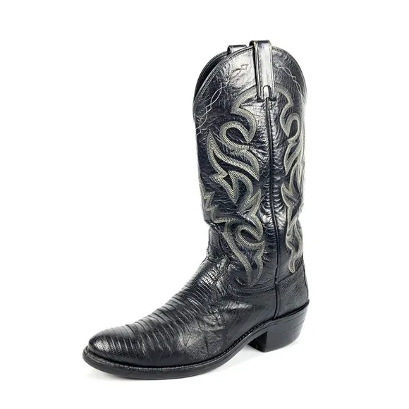 Mens DAN POST Cowboy Boots Sz 8D Black Lizard Leather Pointed Western 218056