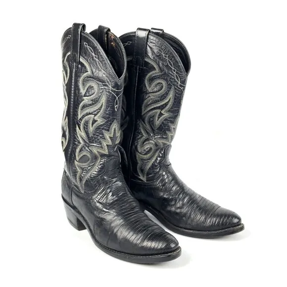 Mens DAN POST Cowboy Boots Sz 8D Black Lizard Leather Pointed Western 218056