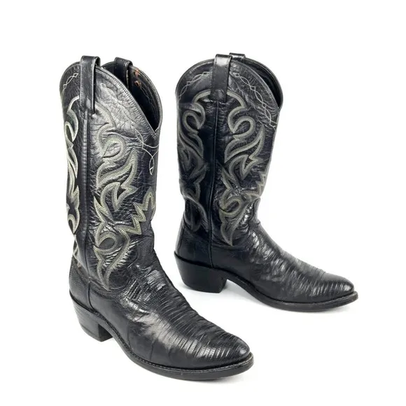 Mens DAN POST Cowboy Boots Sz 8D Black Lizard Leather Pointed Western 218056