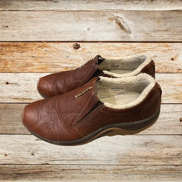 Men's Merrill Adventure Moc Brown Leather Slip-Ons w/ Fleece Lining Outdoorsy 10