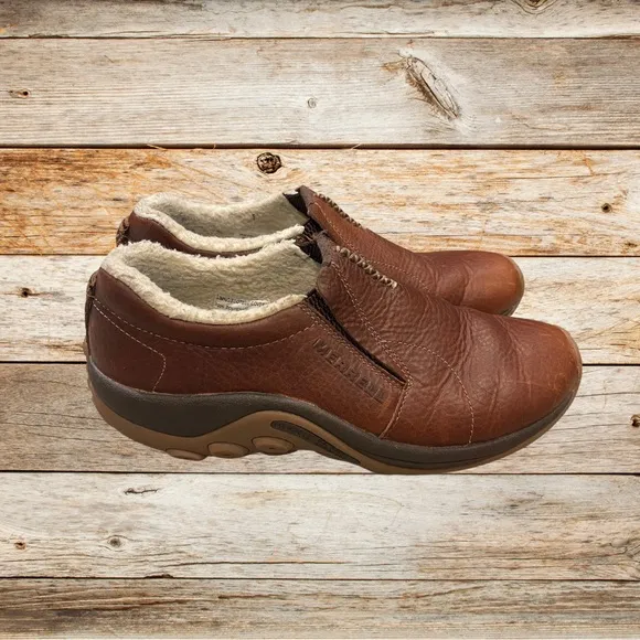 Men's Merrill Adventure Moc Brown Leather Slip-Ons w/ Fleece Lining Outdoorsy 10