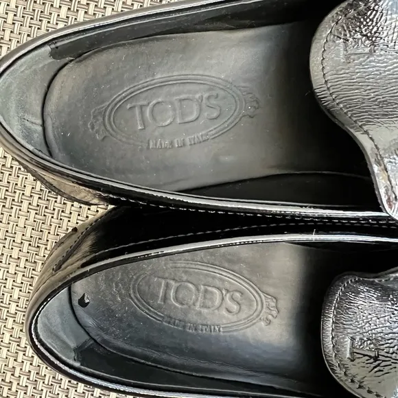 Men’s “TOD’S” Black Patent Leather Slip on Loafers