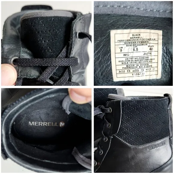 Merrell Smooth Black Leather &amp; Suede Wedge Booties With Non-Slip Lug Tread, Sz 9