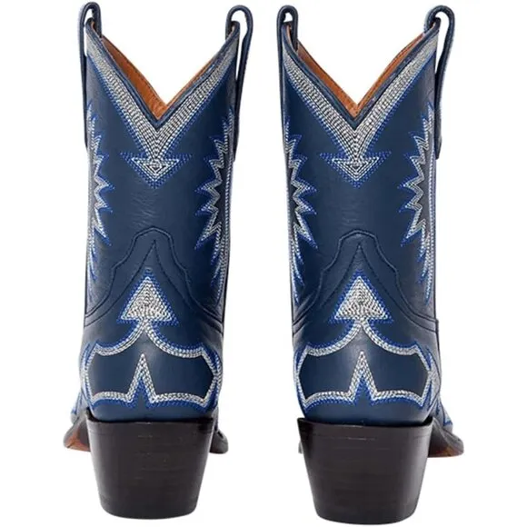 Metallic Embroidered Cowgirl Boots For Women Pointed Toe Western Chunky Heel