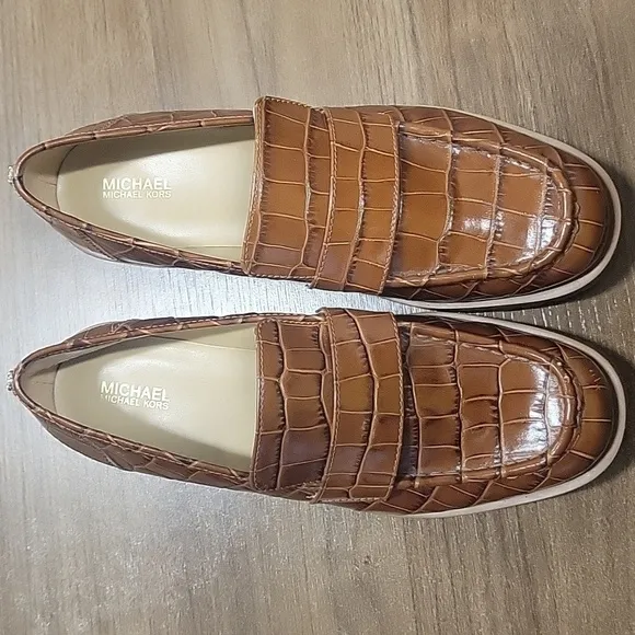 Michael Kors Holland Croco Embossed Leather Block Heel Loafers-Size 9