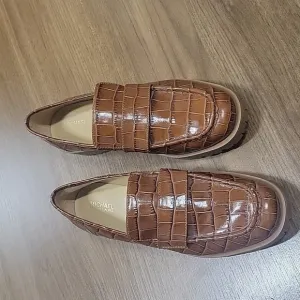 Michael Kors Holland Croco Embossed Leather Block Heel Loafers-Size 9