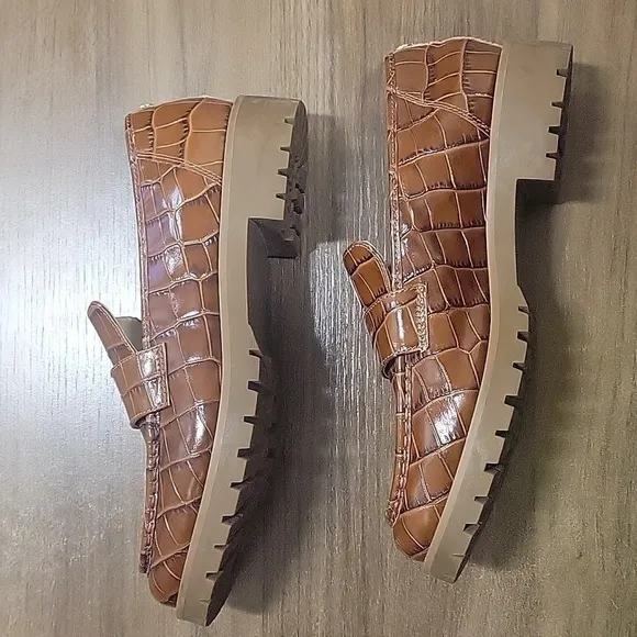 Michael Kors Holland Croco Embossed Leather Block Heel Loafers-Size 9