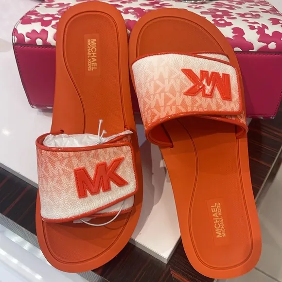 Michael Kors Slide Logo Sandals Palmer Ombré SignatureRed Clay NWT
