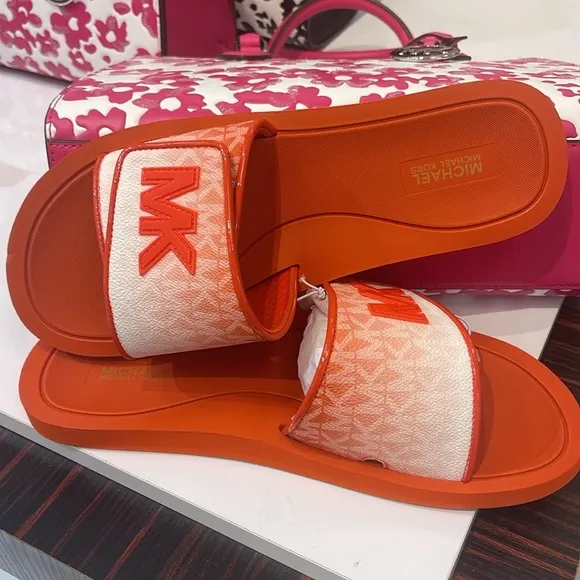 Michael Kors Slide Logo Sandals Palmer Ombré SignatureRed Clay NWT