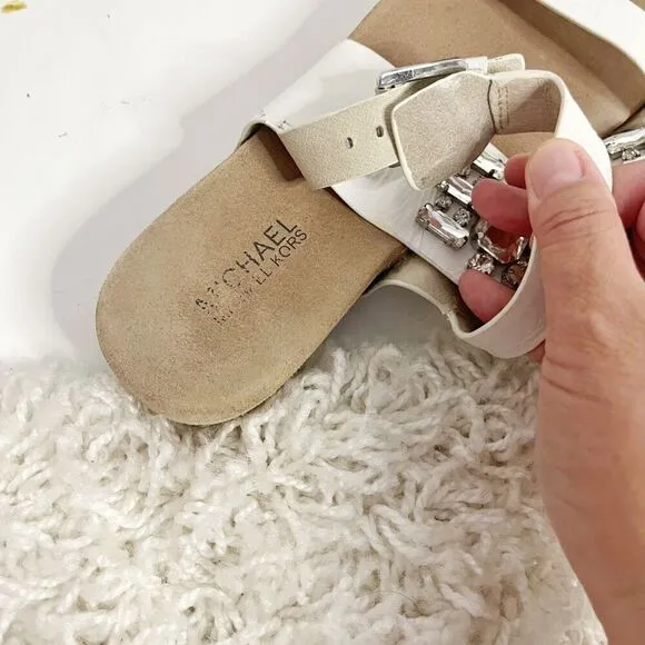 Michael Michael Kors Leather Luna Jeweled Crystal Strappy Buckle Suede Sandals