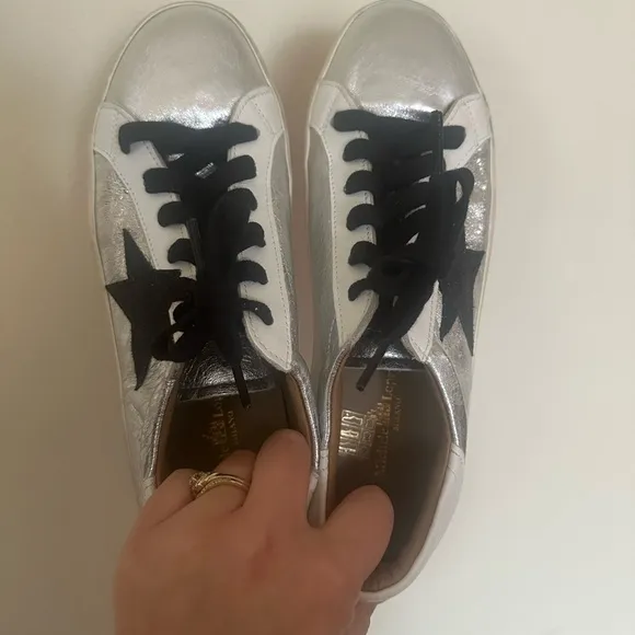 Michele Lopriore Italian leather silver &amp; black distressed sneakers size 8.5/39