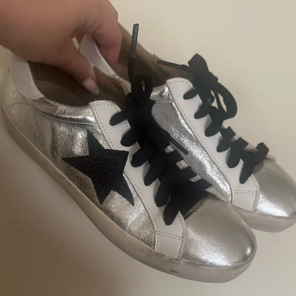 Michele Lopriore Italian leather silver &amp; black distressed sneakers size 8.5/39