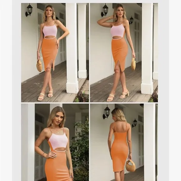 midi orange and pink bodycon cutout dress for women size medium