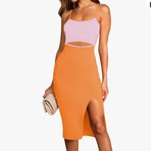 midi orange and pink bodycon cutout dress for women size medium