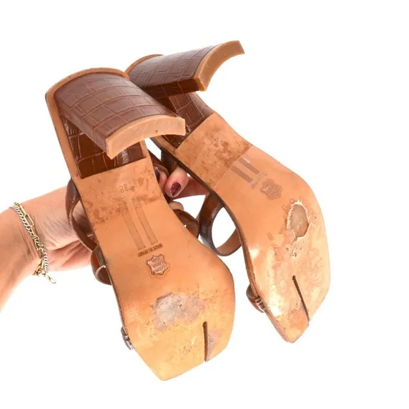 MIISTA LONDON Joanne Clay Croc Sandals Square Split Toe Brown Leather EU 38 7.5