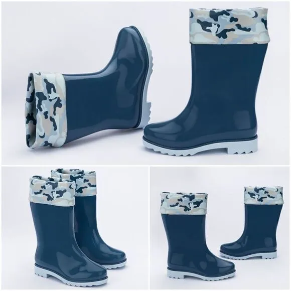 Mini Melissa Camo Print Toddler Boys Waterproof Tall Rain Boots in Blue