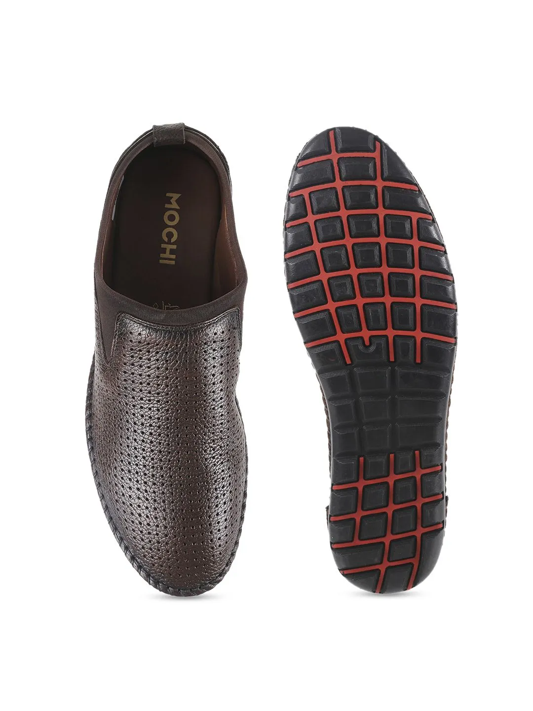 Mochi Men Coffee Brown Textured Leather Loafers