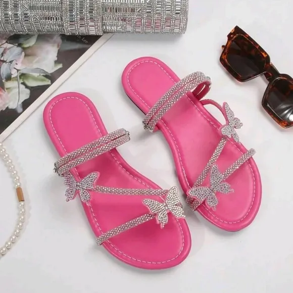 Multicolor Rhinestone Bow &amp; Multiple Straps Two Way Wear Women's Slippers