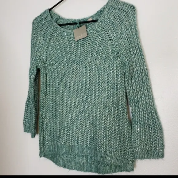 NEW Anthropologie Knitted &amp; Knotted Hi Low Chunky Glitz Sweater Bohemian Spring