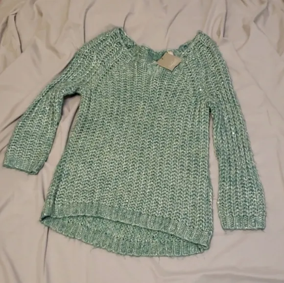 NEW Anthropologie Knitted &amp; Knotted Hi Low Chunky Glitz Sweater Bohemian Spring