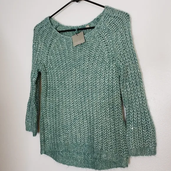 NEW Anthropologie Knitted &amp; Knotted Hi Low Chunky Glitz Sweater Bohemian Spring