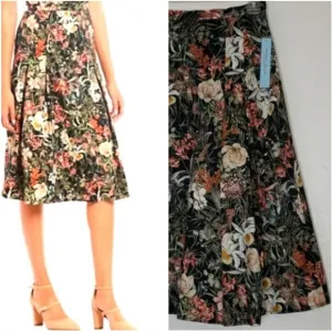 NEW Antonio Melani Black Floral Brenda Sateen Skirt Print Midi Elegant Summer