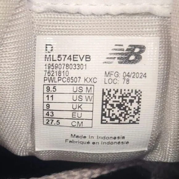 New Balance 574 Core Classic Mens Sz 9.5 D Black White Sneakers Shoes ML574EVB