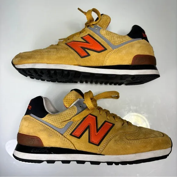 New Balance Yellow Orange Suede Made in USA 574 Rugged Sneakers Size 9