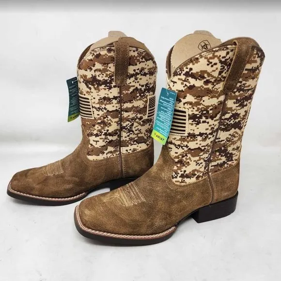 New big kids 4.5 Ariat Patriot USA flag western cowboy camo boots