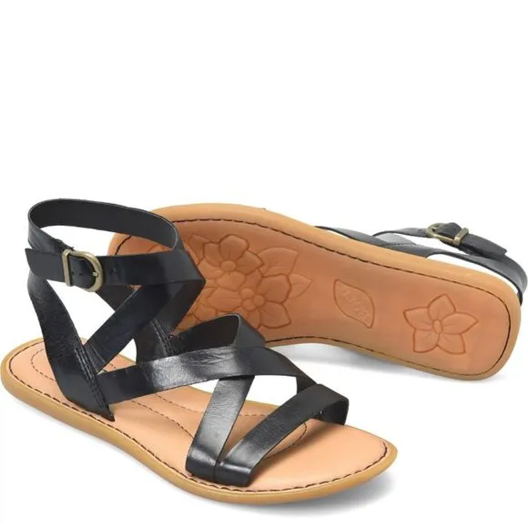 NEW  BORN Leather Libra Flat Gladiator Comfort Sandals Black for women 462mn