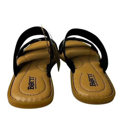 NEW Born Women's Leather Flat Sandals Black Slip On Cushioned Footbed Size 9
