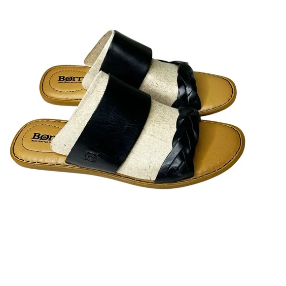 NEW Born Women's Leather Flat Sandals Black Slip On Cushioned Footbed Size 9