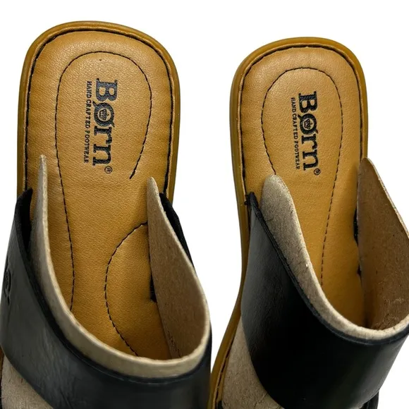 NEW Born Women's Leather Flat Sandals Black Slip On Cushioned Footbed Size 9